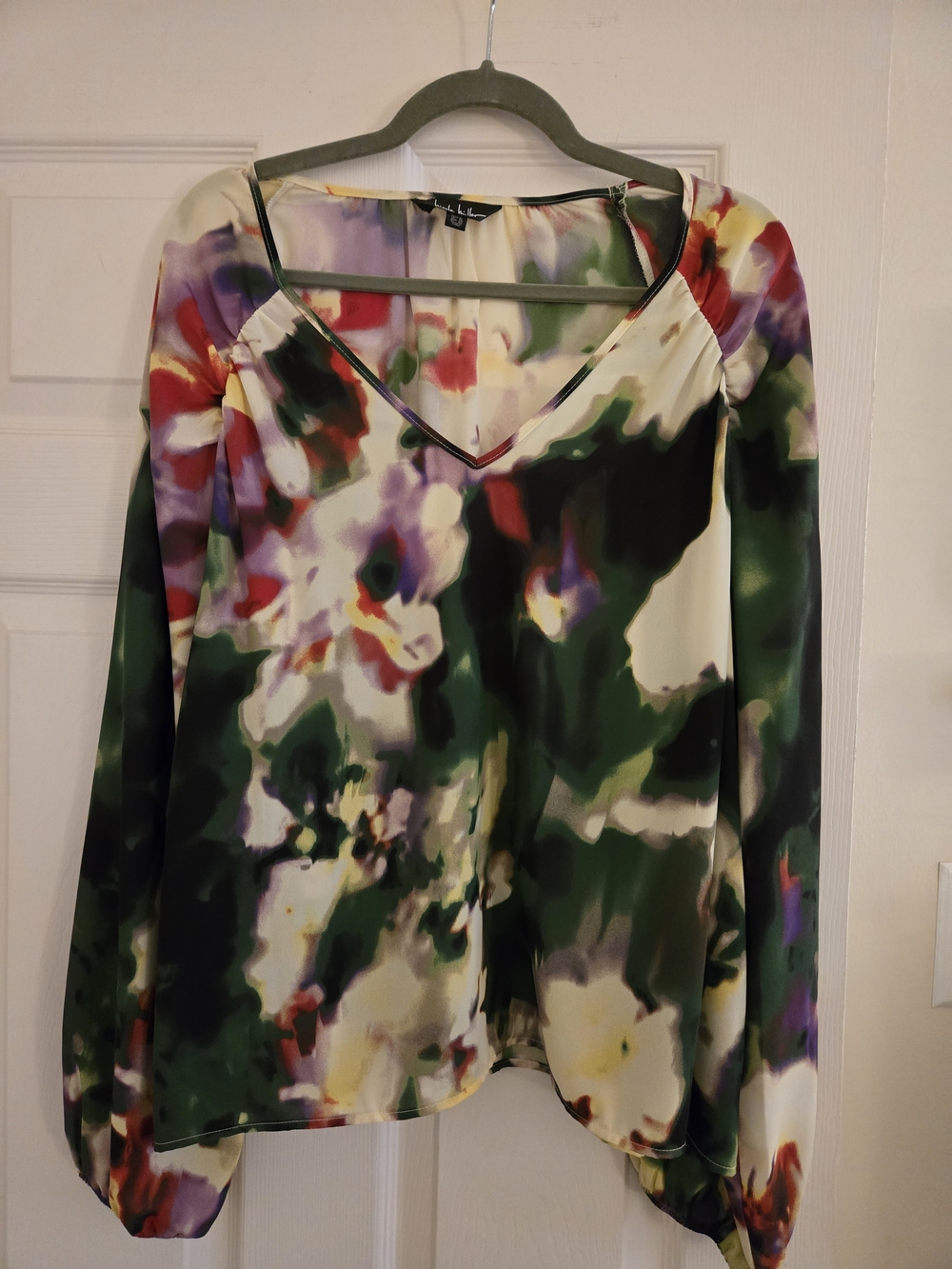 Nicole Miller V-Neck Satin Blouse - Green Multi